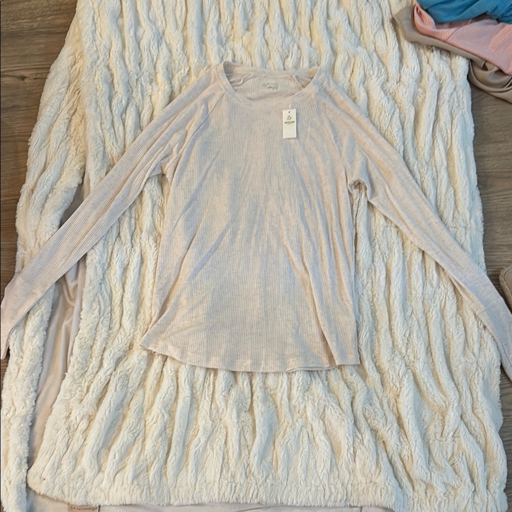 Aerie Cream Fitted Ribbed Long Sleeve Tee